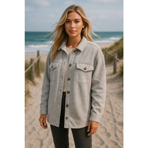 Aerie M Distressed Gray Shacket Oversized Button Front Soft Cotton Lumberjane